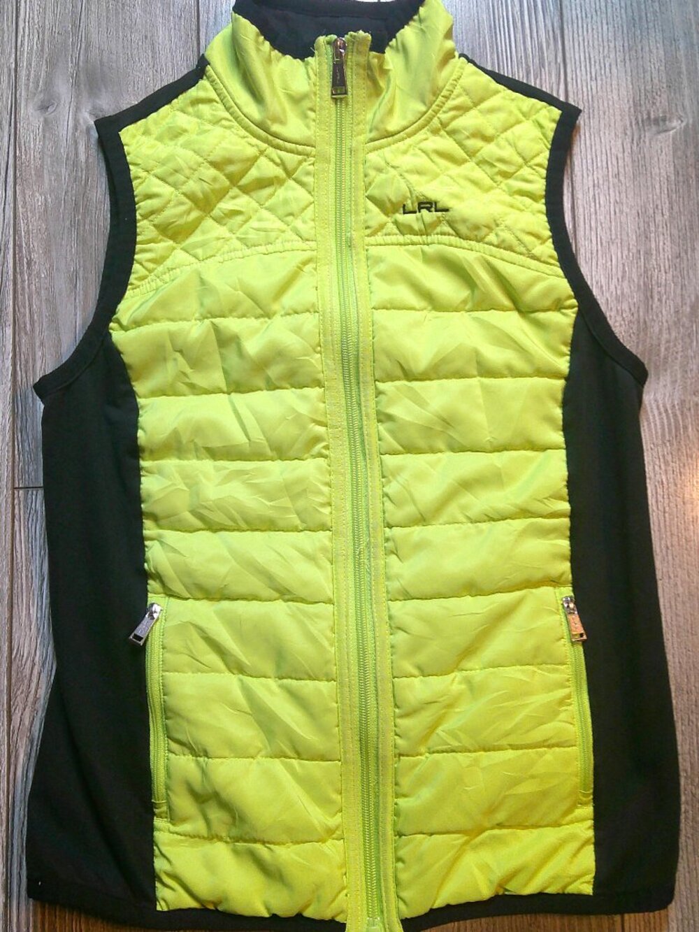 "Lauren RALPH LAUREN" Quilted Panel Performance Full Zip VEST Chartreuse Woman X